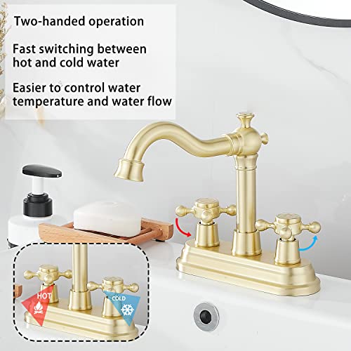 Bathroom Faucet Brushed Gold GGStudy 2 Handles 4 Inches Centerset Bathroom Vanity with Drain Assembly and Supply Hose Lavatory Mixer Double Handle Tap - color: Brushed Gold, style: Metal Cover