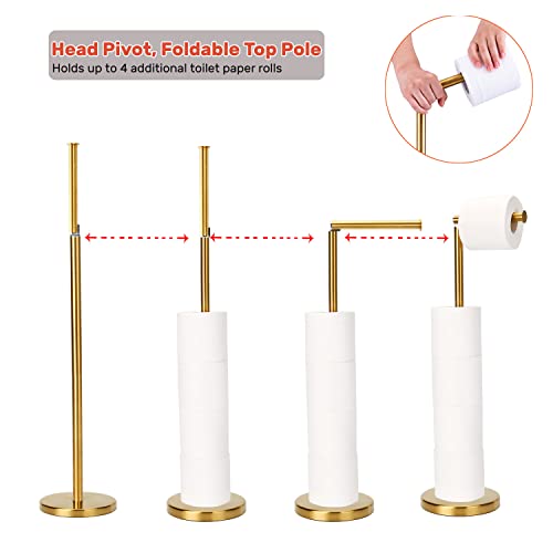 Toilet Paper Holder Gold, Freestanding Toilet Paper Holder Stand with Reserve for 4 Spare Rolls, Sturdy Base, Toilet Tissue Paper Roll Storage Shelf (Stainless Steel Base, Gold)