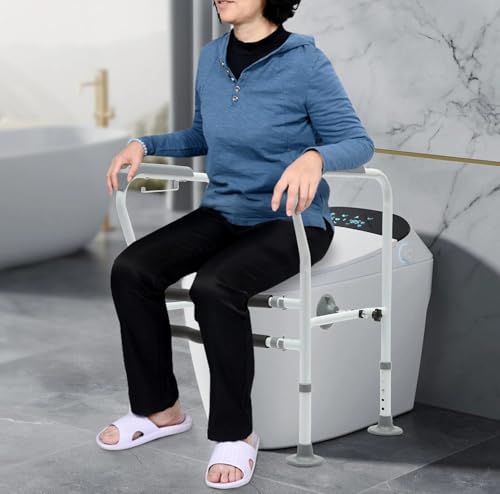 30.7in H Toilet Frame Grab Bars for Elderly Adults, Safety Rail Seat W/Footbeds+ Suction Cups, Height Adjustable Handicap Assist for Elderly Handicap Toilet Frame Grab Bar, 300lbs Capacity.