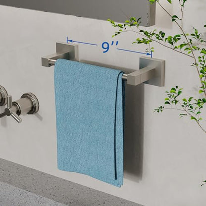 RUACQ Towel Bar, 9" Towel Racks for Bathroom Wall Mounted, Brushed Nickel | Hand Towel Holder, Total Length 10.8 Inch Single Towel Rod, 304 Stainless Steel, Rustproof, Square Base, Heavy Duty, Modern - color: Brushed Nickel, size: 9 inch(Center to Center)