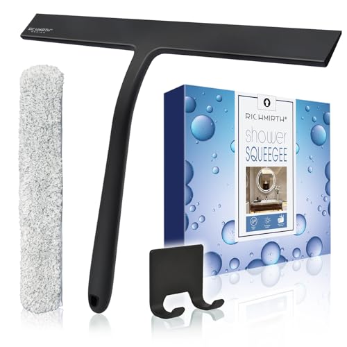 12 Inch Silicone Shower Squeegee for Glass Doors with Microfiber Cloth & Hook, Streak-Free Window Cleaner for Bathroom Mirror Tile Car, No-Scratch Squeegee with Rustproof Metal Core (Black) - color: 12 Inch Black