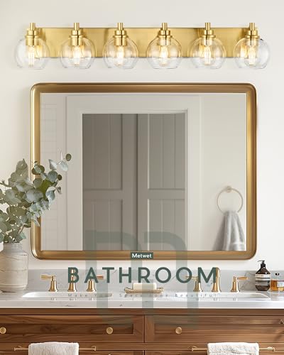 6-Light Brushed Gold Bathroom Vanity Light, Clear Glass Globe Shade | 38" modern bathroom light fixtures over mirror, E26 base, bulbs not included, VL195-BG-6 - color: Brushed Gold, Clear Glass, size: 6-light