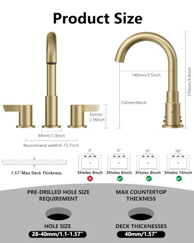 Brushed Gold Bathroom Faucet 3 Hole, 8 Inch Widespread 2-Handle | SUS304 Stainless Steel, 2-Handle Control, Pop-Up Drain, Supply Lines and Mounting Hardware for 8-Inch Widespread Vanity Sinks - color: Brushed Gold