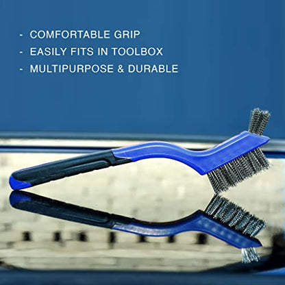 Wire Brush Set 3Pcs - Nylon/Brass/Stainless Steel Bristles with Curved Handle Grip for Rust, Dirt & Paint Scrubbing with Deep Cleaning – 7 Inches (Blue) - color: Blue