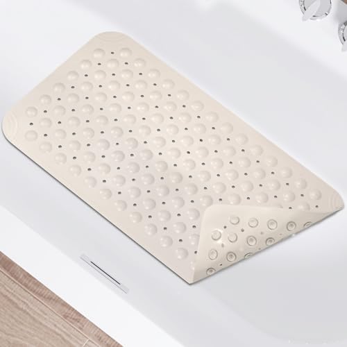 Non Slip Shower Mats for Inside Shower 15 x 27.5 Inch, TPE Bathtub Mat Non-Slip, Bath Mat for Tub with Suction Cups, Drain Holes Bath Tub Mat for Bathroom (Beige) - color: Beige, size: 27.5" x 15" (Rectangular)