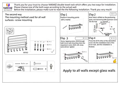 (1 Pack) Yariwiz Grey Towel Rack Wall Mounted No Drill and Screw Mounting, Bathroom Bath Shower Length 24 inch Double Towel Rod with Shelf Hotel Towel Rack B0502-GREY - color: Style#2-grey