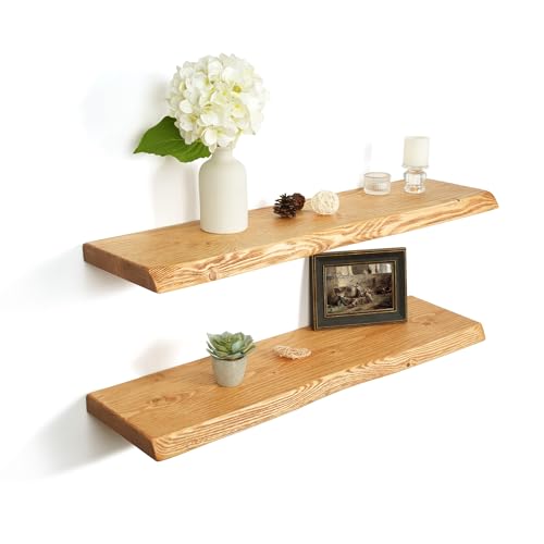 32 Inch Wooden Floating Shelves for Wall Set of 2, Finnish Spruce Solid Wood Shelf, Natural Wood Floating Shelves for Living Room, Bathroom, Bedroom, Kitchen, Natural Finish - color: Natural, size: Live Edge, 32"L, 2Packs
