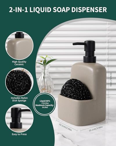 BosilunLife Dish Soap Dispenser - Matte Silver Grey Ceramic Kitchen Soap Dispenser with Sponge Holder Matte Ceramic Soap Daddy Dispenser 20oz for Kitchen Soap Pump and Sponges Caddy - color: Matte Silver Grey
