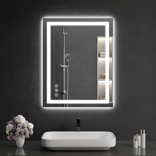 LED Bathroom Mirrors 24"x28" Bathroom Mirror with Lights for Wall, Backlit + Front Lit, 3 Colors, Anti-Fog, Dimmable Brightness for Vanity,Bathroom, Entryway, Living Room - size: 28"L x 24"W