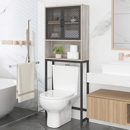 Launica 65 Inch Over The Toilet Storage Cabinet Wood and Metal Light Grey | Over Toilet Bathroom Organizer with Mesh Doors and Shelves Freestanding Bathroom Storage Cabinet Above Toilet - color: Light Grey Oak