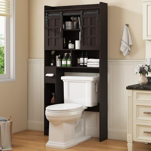 Halitaa Over The Toilet Storage Cabinet with Sliding Doors,Espresso | Farmhouse Storage Cabinet Over Toilet, Home Space-Saving Toilet Rack, for Restroom, Bathroom, Laundry. - color: Espresso, style: Sliding Doors