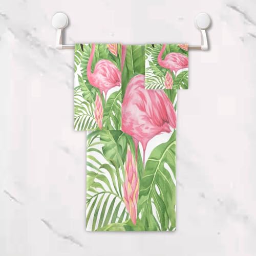 ALAZA Towel Bathroom Sets, Pink Flamingo Tropical Leaves On White Towels 3-Piece 1 Bath Towel 1 Washcloth 1 Hand Towel, Bath Towel Set of 3 Soft Multifuntion for Home Kitchen Hotel Gym Swim Spa - color: Multi01