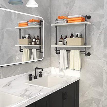 Helsin 24inch Industrial Pipe Shelving Bathroom Shelves Wall Mounted with Towel bar, 2 Tier Rustic Wood Floating Shelf, Metal Towel Rack Wall Shelf for Home & Bathroom (White, 24inch) - color: White, size: 24inch