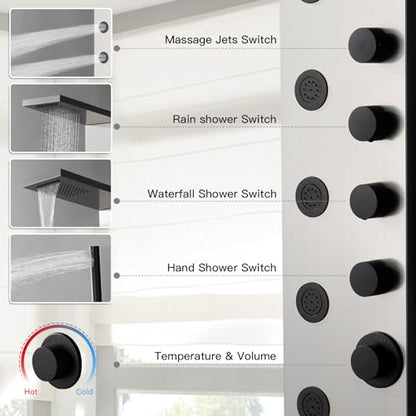 Shower Panel Tower System with Rainfall Shower Head | 5 Body Jets and Handheld Shower Head Modern Massage Shower System Brushed Nickel by Homevacious - color: Brushed Nickel and Black, style: Standard Shower Panel