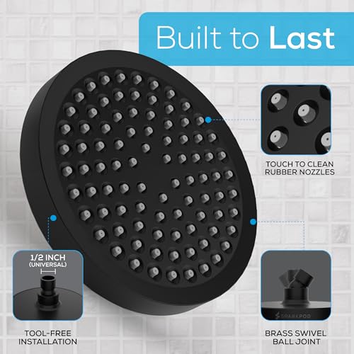 SparkPod Rain Shower Head, 6 Inch Round, Midnight Black Matte Finish | High Pressure Shower Heads, 90 Nozzles, Adjustable Showerhead, No Tools Needed, Universal Connection - color: Midnight Black Matte, style: 6 Inch Round