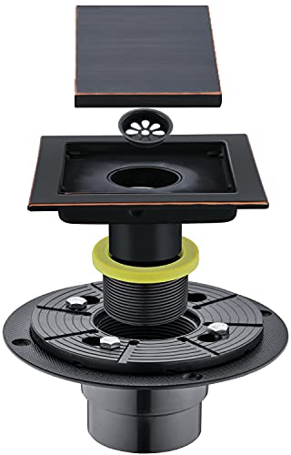 RANDOM Oil Rubbed Bronze Shower Drain Square 6 inch with Adjustable PVC Base Flange,SUS304 Stainless Steel Shower Floor Drain Kit with Tile Insert Shower Drain Cover and Hair Strainer - color: D-oil Rubbed Bronze-6″ Square With Base Flange