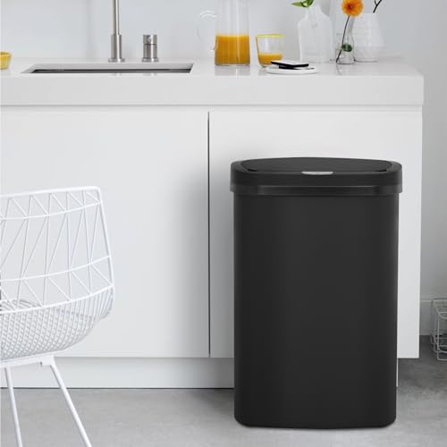 BestOffice | 13 Gallon Plastic Trash Can with Lid | Black | Automatic Touchless Garbage Can | Quite Close | Waterproof & Easy to Clean | For Kitchen, Bathroom, Home or Office