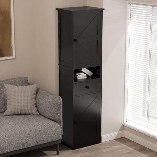 Tall Slim Storage Cabinet with Doors, Drawer & Adjustable Shelf, Narrow Bathroom Storage Cabinet, Freestanding Floor Cabinet Organizer for Small Spaces, Bathroom, Kitchen, Laundry, Black - color: Black-2