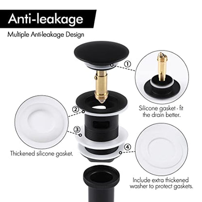 KES Bathroom Sink Drain with Overflow, Pop Up Drain Sink Stopper Matte Black, All Metal Brass and SUS304 Stainless Steel, S2008S62A-BK - color: Matte Black, style: With Overflow (Normal Cap)