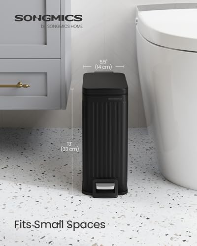 SONGMICS Bathroom Trash Can, 1.6-Gallon (6 L) Trash Bin with Lid, Slim for Small Spaces, Stainless Steel Garbage Can, Soft Close, Black ULTB563B02 - color: Black, style: 1.6 Gal. & fluted design