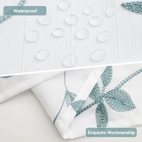 Embroidered Leaf Farmhouse Shower Curtain,Faux Linen,72Wx72L,White Teal | Boho Modern Shower Curtain Set, Washable & Waterproof Fabric, Floral Shower Curtains for Bathroom with Hooks - color: White Teal