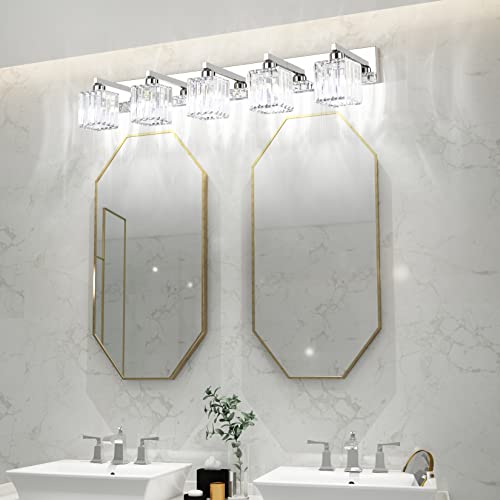 Aipsun Bathroom Light Fixtures Modern Vanity Light for Bathroom Crystal Chrome Vanity Light 5 Light (Exclude Bulb) - color: Chrome, size: 40 inch
