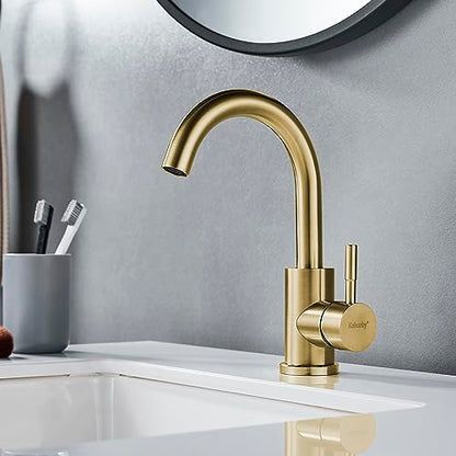 Wet Bar Sink Faucet Single Hole Brushed Gold, Modern Single Handle Bathroom Sink Faucet Commercial Stainless Steel Prep Sink Faucet - color: Brushed Gold, size: No drain
