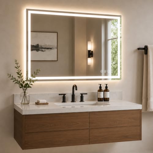Snowdool 48 x 40 in RGB LED Bathroom Mirror, Front and Backlit, Anti-Fog | 8 RGB Backlight Modes, 3 Front Light Colors, Anti-Fog, Tempered Glass - size: 48"L x 40"W