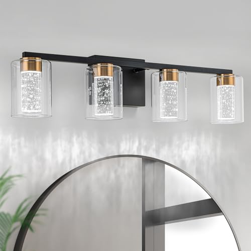 SineRise 4-Light Black and Gold Vanity Light with 3 Color Modes (3000K/4000K/6000K), Eye Protection LED Bathroom Light Fixture, Dimmable Modern Wall Light Over Mirror with Clear Glass Shade - color: Black-Gold, size: 4-light