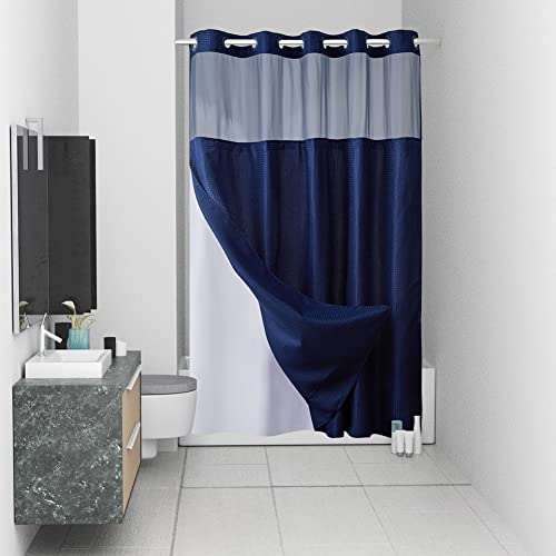 No Hook Waffle Weave Shower Curtain with Snap in Fabric Liner Set,Heavy Duty Textured Bathroom Curtain with See Through Window,Waterproof & Machine Washable,Navy Blue,Stall 36x72 Inch - color: Navy, size: 36"W x 72"L (Pack of 1)