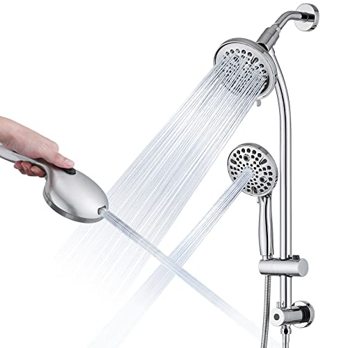 Rainfall Shower Head with Handheld Shower Spray, with 26" Drill Free Adjustable Height Slider Bar, High Pressure Dual Shower Head Combo, 3-Way Diverter for Easy Reach, 5Ft Hose - Chrome Finish - color: Chrome