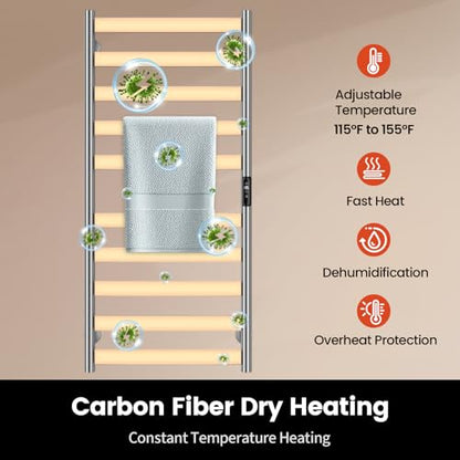 Electric Towel Warmer Rack, 10-Bar Stainless Steel Heated Tower Rack with Built-in Timer, Wall Mounted, Plug-in/Hardwired (Silver) - color: Silver