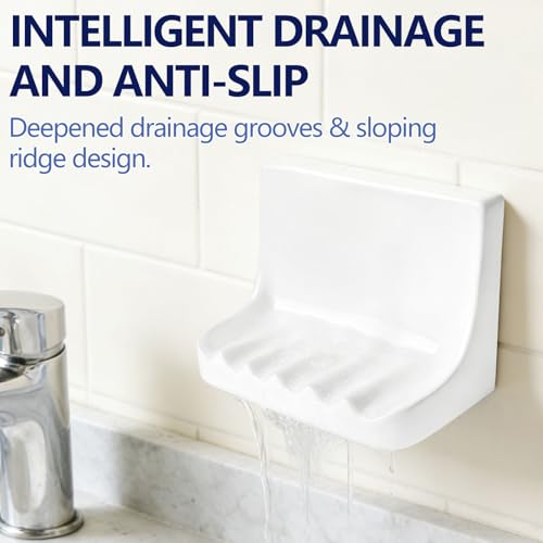 White Ceramic Mounted Soap Dish for Shower Wall Home Bathtub Bathroom Sink | Vintage Ceramic Shower soap Holder, Porcelain Soap Dish Holder, Tray Wall Mount Soap Dish, Quick Drainage and Slip Resistance