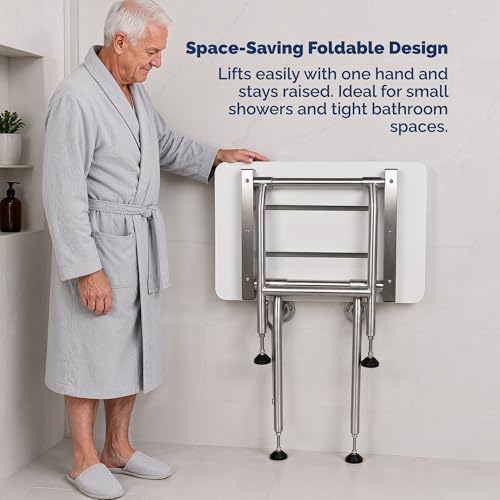 Wall Mounted Phenolic Folding Shower Seat with Legs - Handicap Shower Chair for Elderly & Disabled, Heavy Duty Bath Seat, ADA Compliant Foldable Bathroom Bench - 32" Length, White, 400 lbs Capacity | Handicap Shower Chair for Elderly & Disabled, Heavy Dut