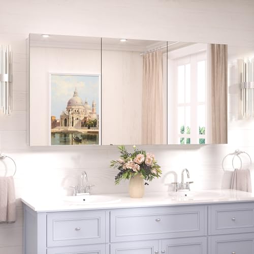 TokeShimi 48x24 Bathroom Medicine Cabinet with Mirror Tempered, Aluminum Silver Mirrored Medicine Cabinet Recessed or Surface Mount with Adjustable Storage Metal for Modern Farmhouse - color: Silver, size: 48x24 in