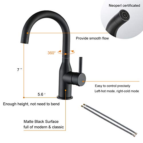 WOWOW Black Bathroom Faucet - Stainless Steel Single Handle Bar Sink High Arc Lavatory Mixer - Small Kitchen Tap With Supply Hoses - color: Black