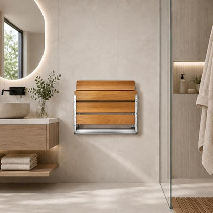 Folding Shower Seat Teak, Bath Safety Furniture Stainless Steel, Shower Seats for Elderly, Fold Down Shower Seat, Oak and Stainless Steel - color: Teak and Silver Stainless Steel