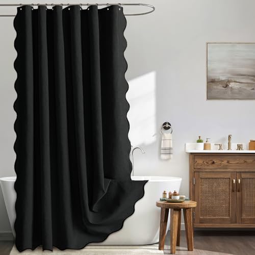 MIULEE 72"x84" Extra Long Scalloped Linen Shower Curtain Black | Linen Textured, Waterproof, Washable, 12 Metal Hooks, Heavy Duty Cloth, Black Border, Shower Curtain for Bathroom Bathtub - color: Black, size: 72"W x 84"L (Pack of 1)