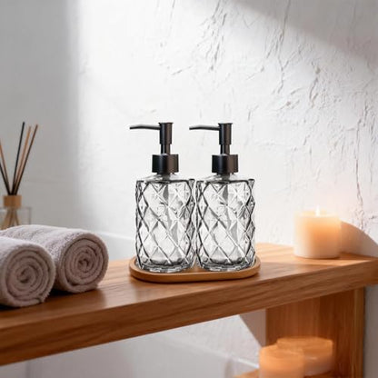 12oz Clear Glass Hand and Dish Soap Dispenser Set, Diamond Design, Set of 2 | Bathroom Soap Dispenser with Plastic Pumps, Bamboo Tray for Hand Wash & Dish Wash, for Bathroom Kitchen Countertop - color: Clear
