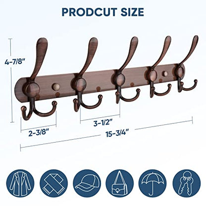 TICONN Wall Mounted Coat Rack, Five Heavy Duty Tri Hooks All Metal Construction for Jacket Coat Hat in Mudroom Entryway (Antique Bronze, 2-Pack) - color: Antique Bronze