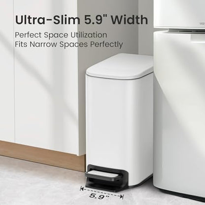 Cesun Small Bathroom Trash Can with Lid, 1.6 Gal, Soft Close, White | Step pedal soft close, Slim 5.9in fits narrow spaces, Stainless steel, Anti-fingerprint, Removable inner bucket, Odor seal - color: White