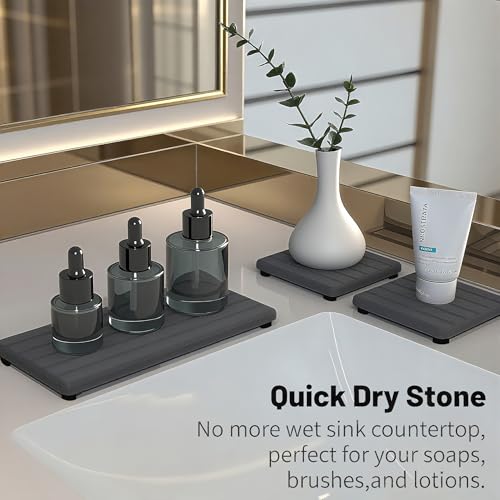 3PCS Stone Drying Tray, Stone Soap Tray, Water Absorbing Stones Trays for Sink, Fast Dry Diatomite Stones Sink Mat, Used for Hand Soap,Sponge,Toothbrush Holder in Bathroom Counter and Kitchen Sinks - color: 3pcs Dark Gray 5stripes