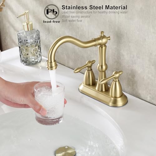 Brushed Gold Bathroom Faucet, Stainless Steel 4 inch Centerset Bathroom Faucet with Drain and Supply Hose, 2 Hole Gold Faucet for Bathroom Sink - color: Brushed Gold