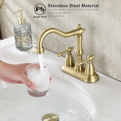 Brushed Gold Bathroom Faucet, Stainless Steel 4 inch Centerset Bathroom Faucet with Drain and Supply Hose, 2 Hole Gold Faucet for Bathroom Sink - color: Brushed Gold
