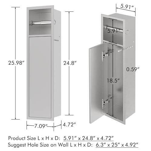 Stainless Steel Recessed Toilet Paper Holder, Brushed Nickel Toilet Paper Storage Wall-mounted (24.8"H x 7.09"W x 4.72"D)