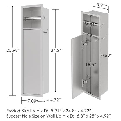 Stainless Steel Recessed Toilet Paper Holder, Brushed Nickel Toilet Paper Storage Wall-mounted (24.8"H x 7.09"W x 4.72"D)