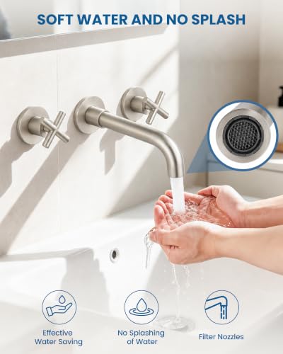 Airuida Solid Brass Brushed Nickel Wall Mount Bathroom Faucet | 360° Swivel Spout,Rough in Valve,2 Cross Handle,3 Hole,Widespread - color: Brushed Nickel