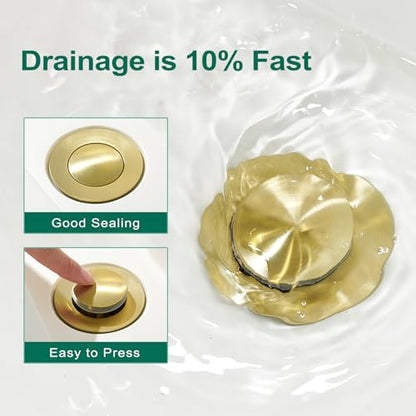 CREA Gold Bathroom Sink Drain Stopper,Pop Up Sink Drain Stopper Bathroom Sink with Overflow,Vessel Sink Drain Plug with Anti-Clogging Strainer Pop Up Drain Stopper Kit All Metal Stailess Steel - color: Gold Brushed