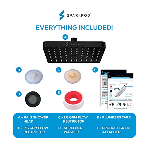 SparkPod Rain Shower Head, 8 Inch Square, Midnight Black Matte Finish | High Pressure Shower Heads, 90 Nozzles, Adjustable Showerhead, No Tools Needed, Universal Connection - color: Midnight Black Matte, style: 8 Inch Square