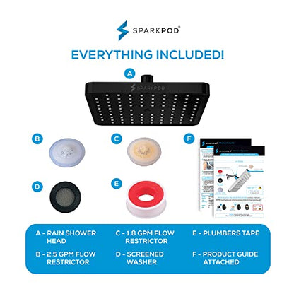 SparkPod Rain Shower Head, 8 Inch Square, Midnight Black Matte Finish | High Pressure Shower Heads, 90 Nozzles, Adjustable Showerhead, No Tools Needed, Universal Connection - color: Midnight Black Matte, style: 8 Inch Square
